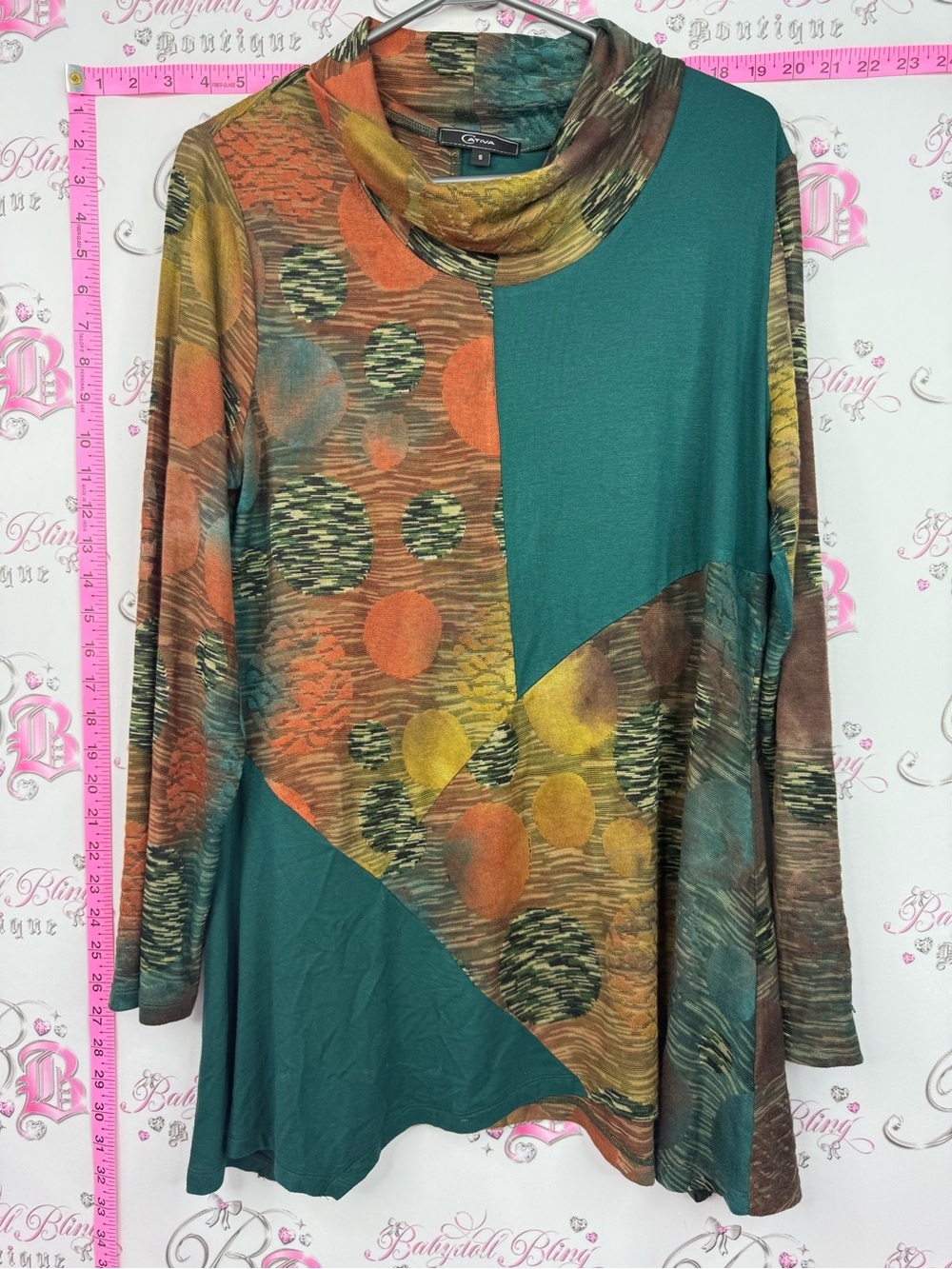 Cativa shirt polka dot patchwork Quinn Mixed-Print Cowl Neck Tunic - Teal Multi